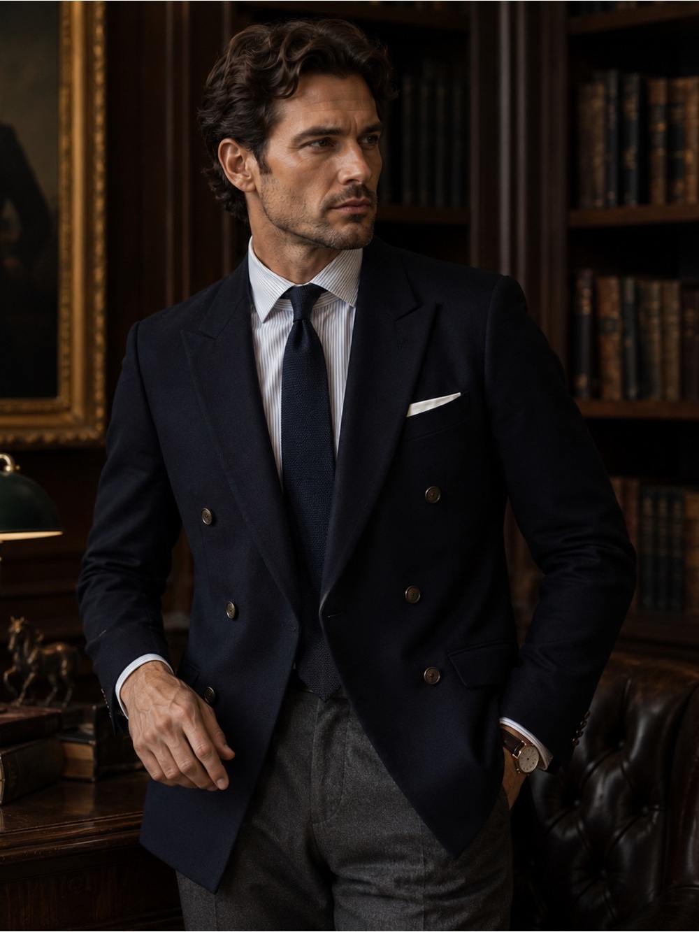 Vintage BOSA 100% Wool Navy Double-Breasted Blazer | Gold Crest Buttons | 38R